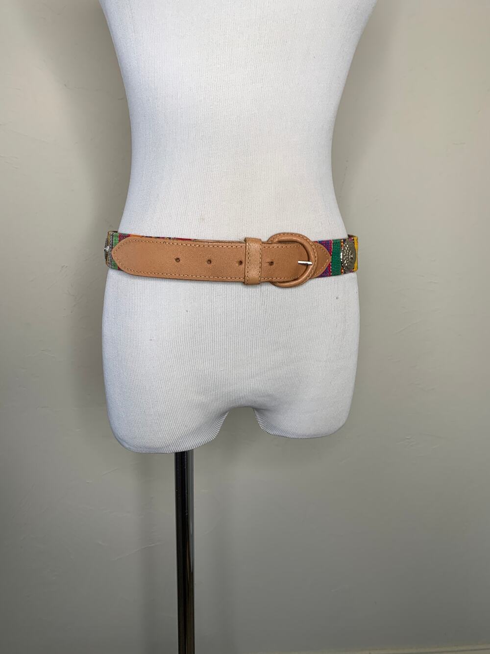 Leather and Woven Blanket Stripe Belt Medium Silver Cabochons